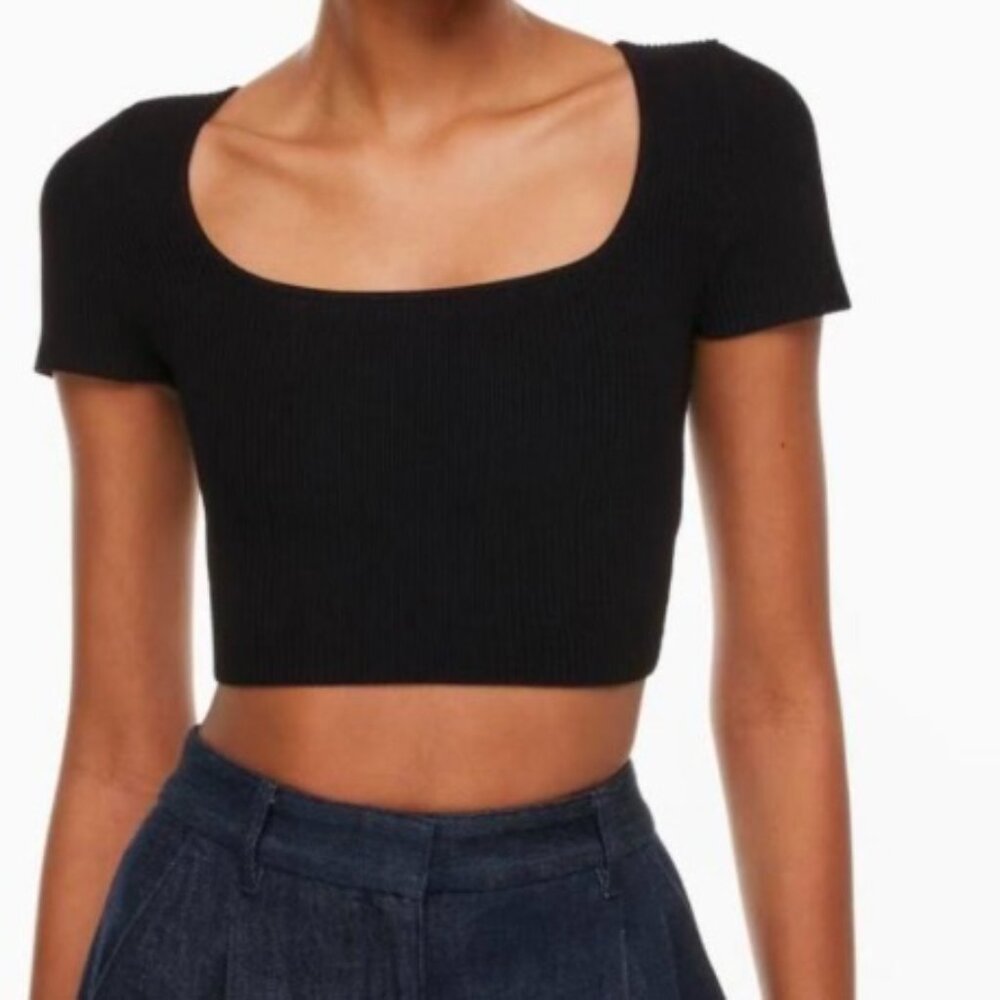 BABATON ARITZIA BLACE COMPRESSION RIBBED CROPPED SHORT SLEEVE TOP